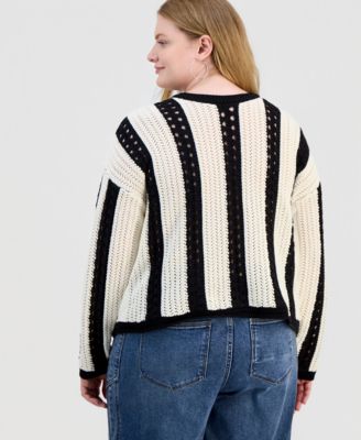 Trendy Plus Size Pointelle Stripe Crewneck Sweater