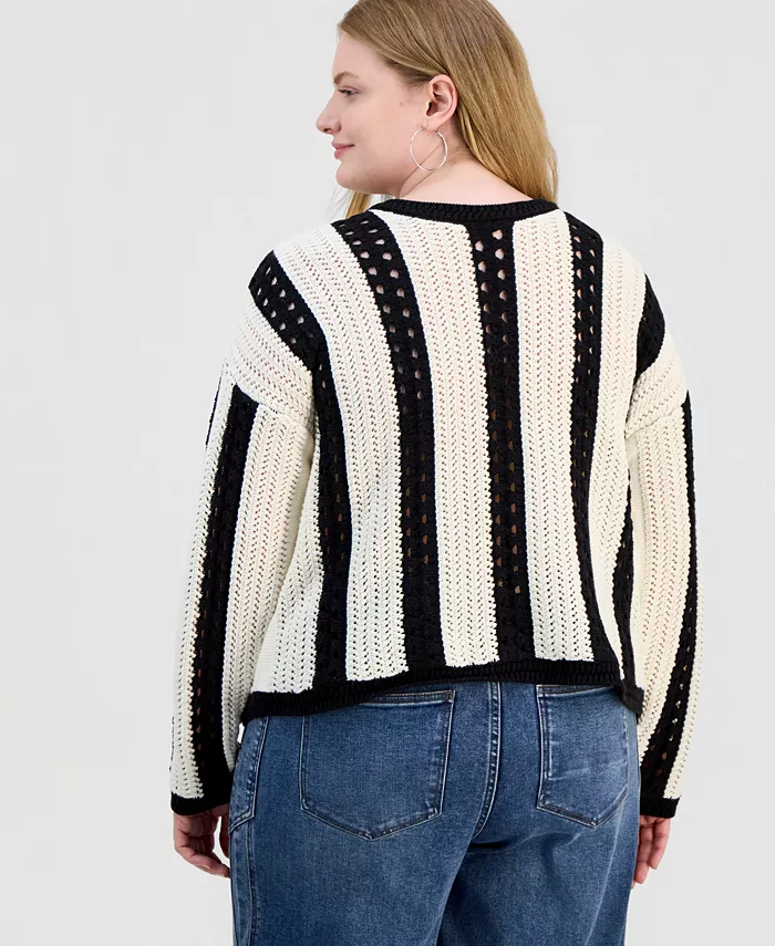 Trendy Plus Size Pointelle Stripe Crewneck Sweater - thumbnail 4