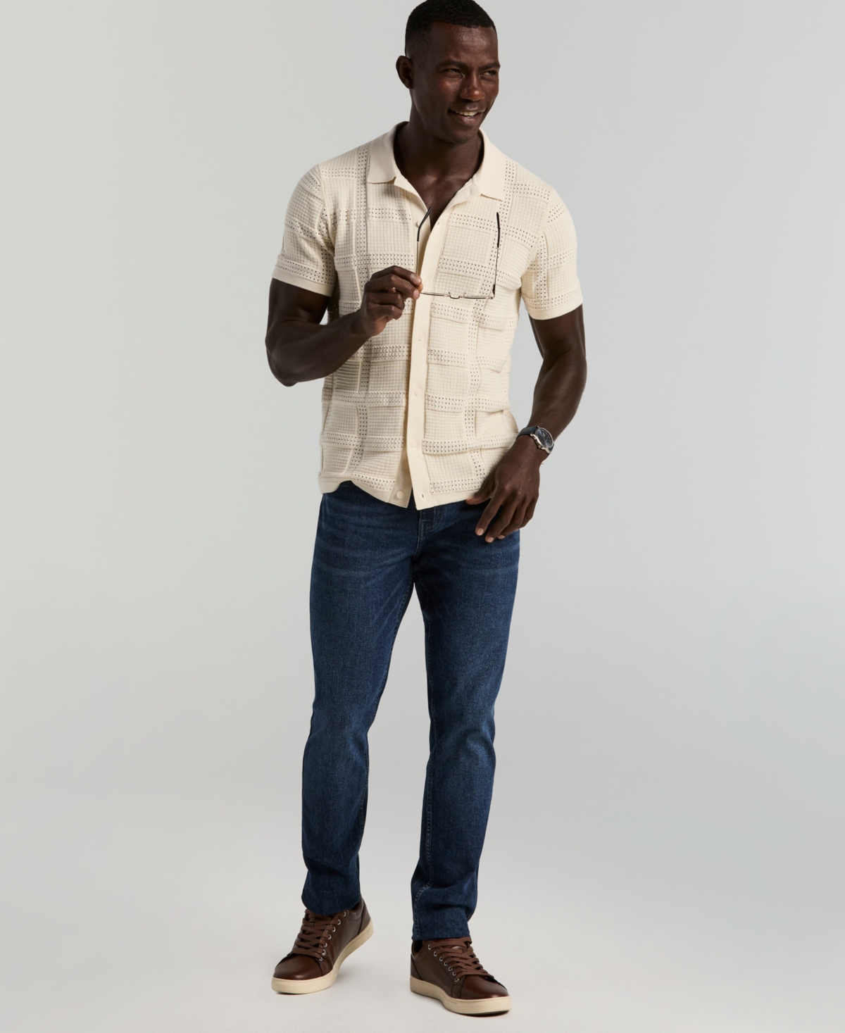 Perry Ellis Men's Open Stitch Jacquard Shirt