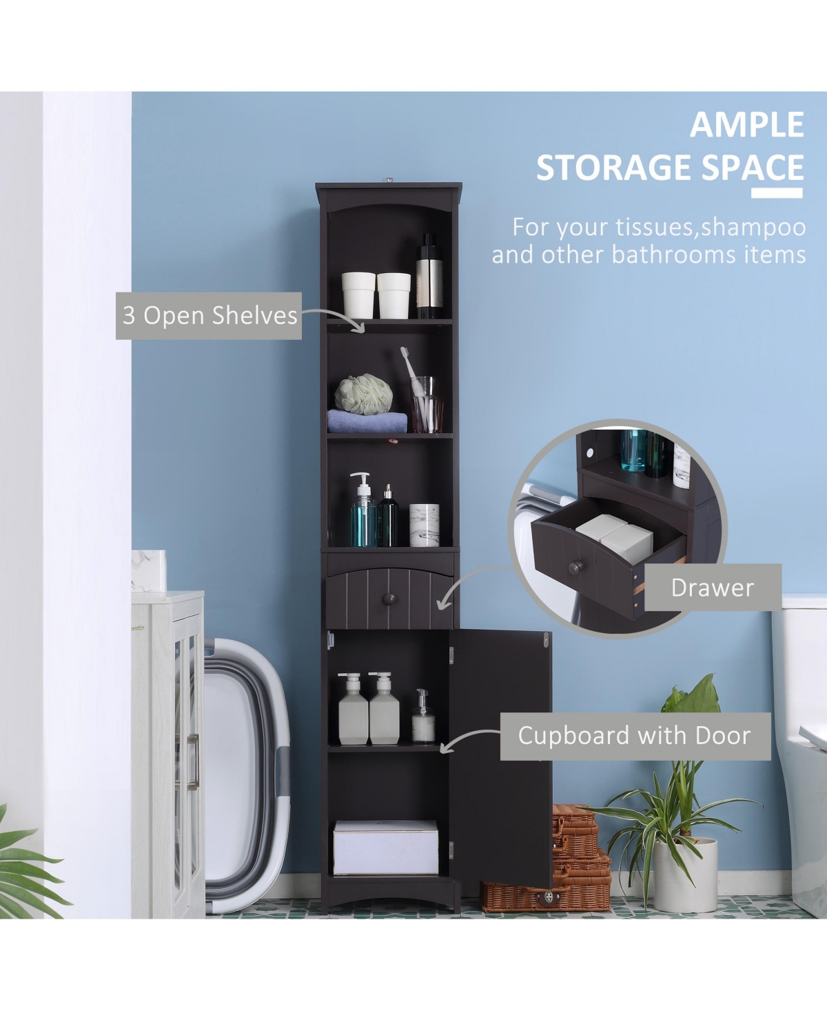 Homcom Bathroom Storage Cabinet Tall Free Sding Linen Tower w/ 3-Tier Shelf