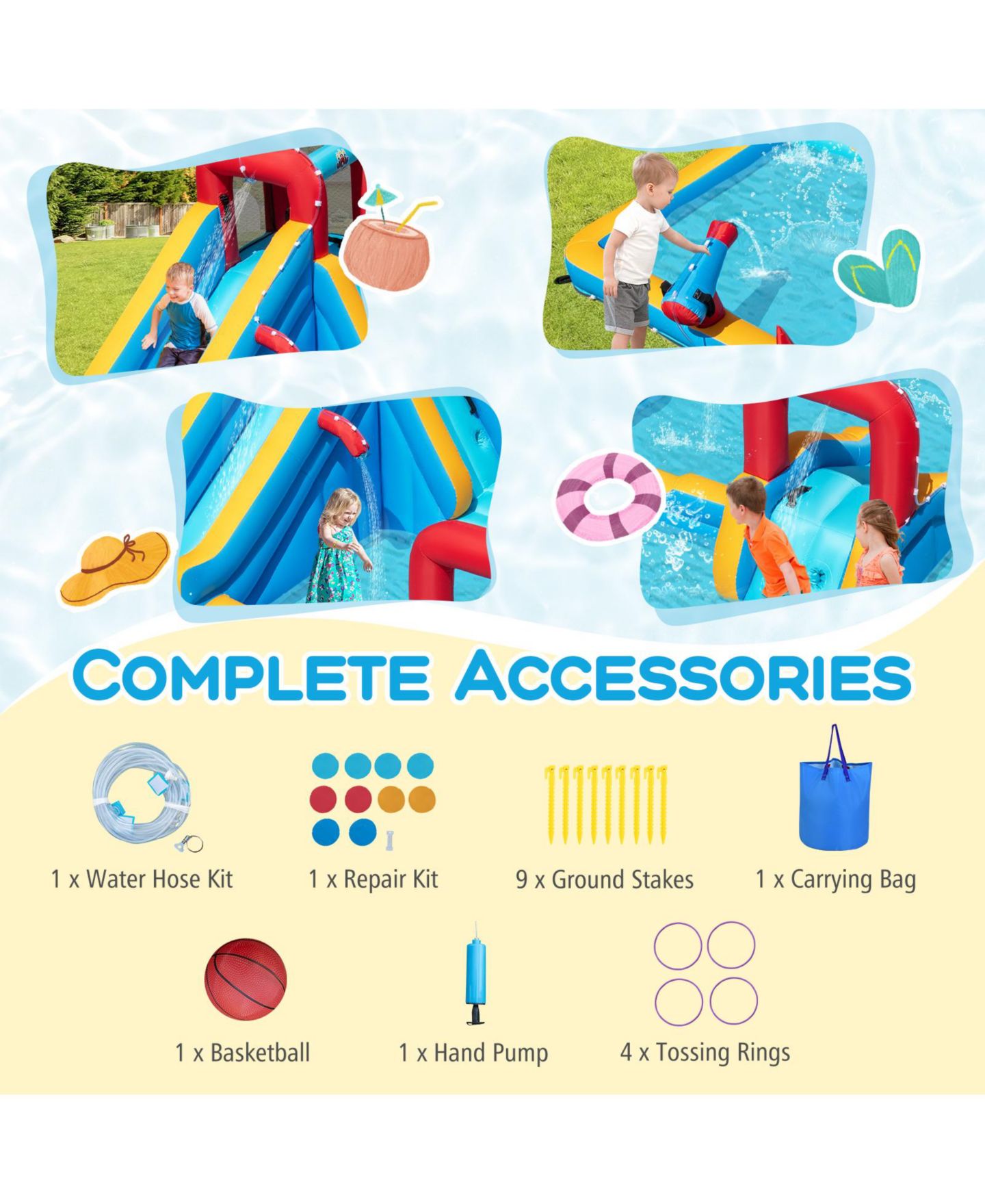 Детская игрушка SKONYON Double Water Slide Park 9-in-1 Water Slide Bounce House, Ages 3-10, цвет: Синий — фото 9