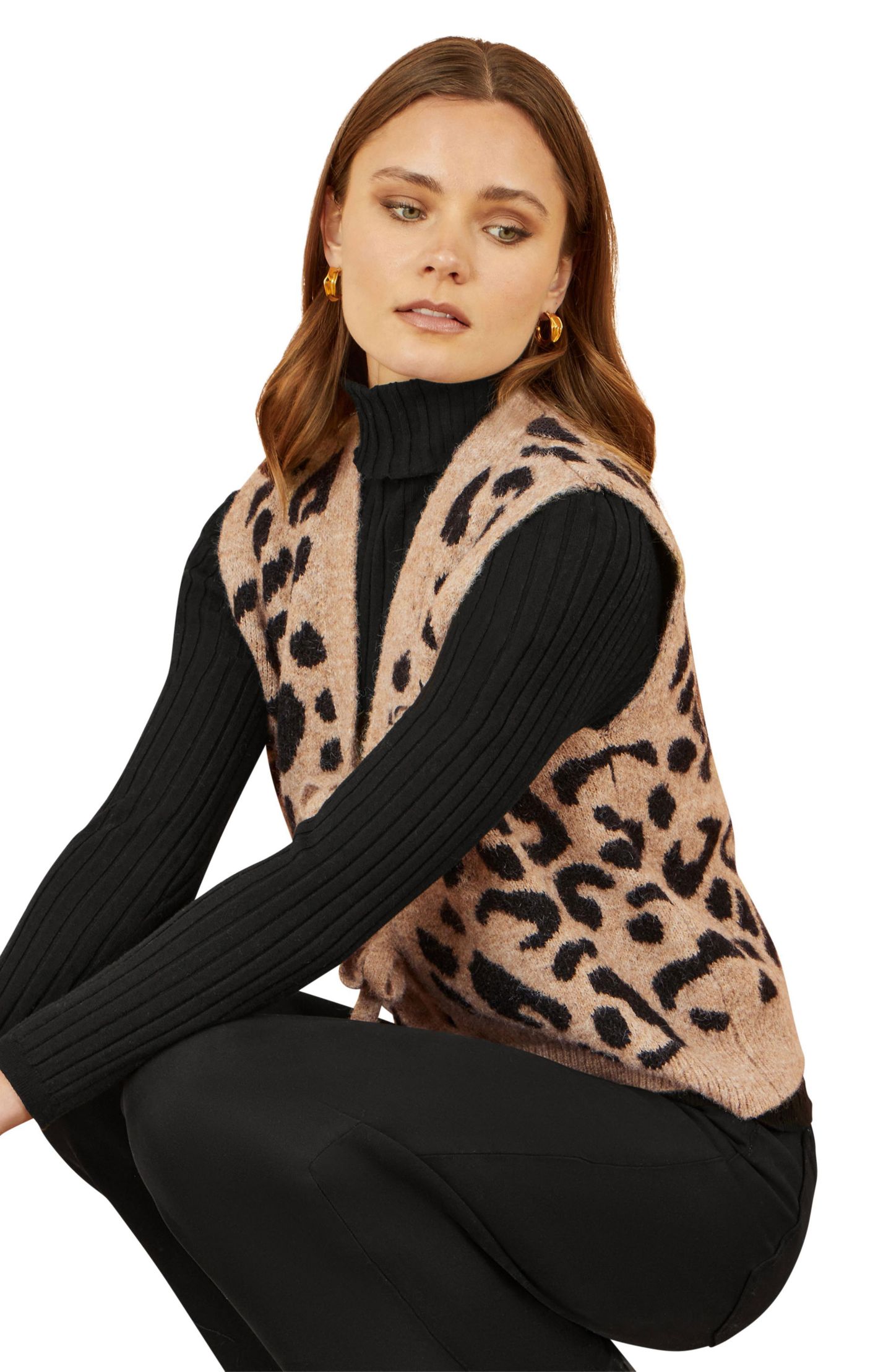 Женские куртки Yumi Knitted Cheetah Print Tie Waistcoat, цвет: Бежевый — фото 3
