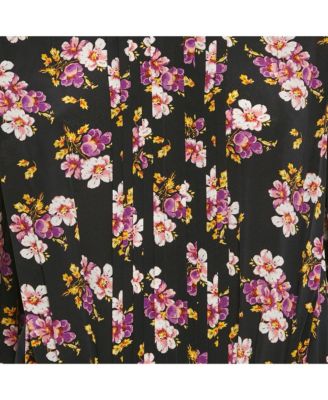 Women's Black Floral Print Silk Pleated Rabbi Peonies Show Short Dress
