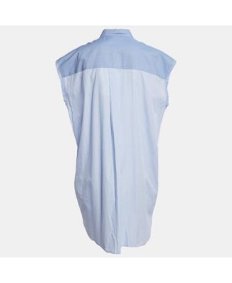 Women's Blue Stripe Cotton Button Front Ruffled Rilt Mini Dress