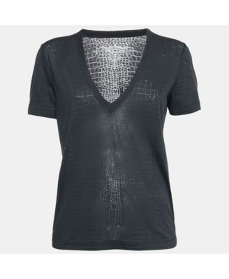 Women's Dark Grey Reptile Print Knit V-Neck Top