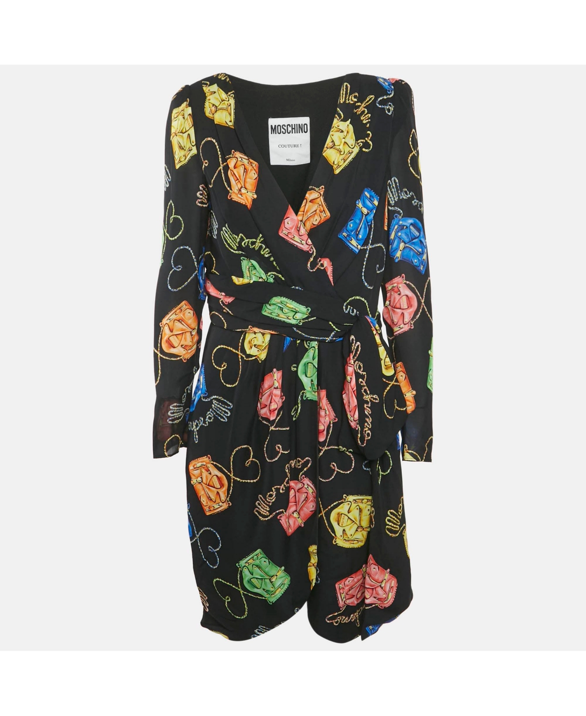 Pre-Owned Moschino Women's Couture Black Biker Bag Print Silk Wrap