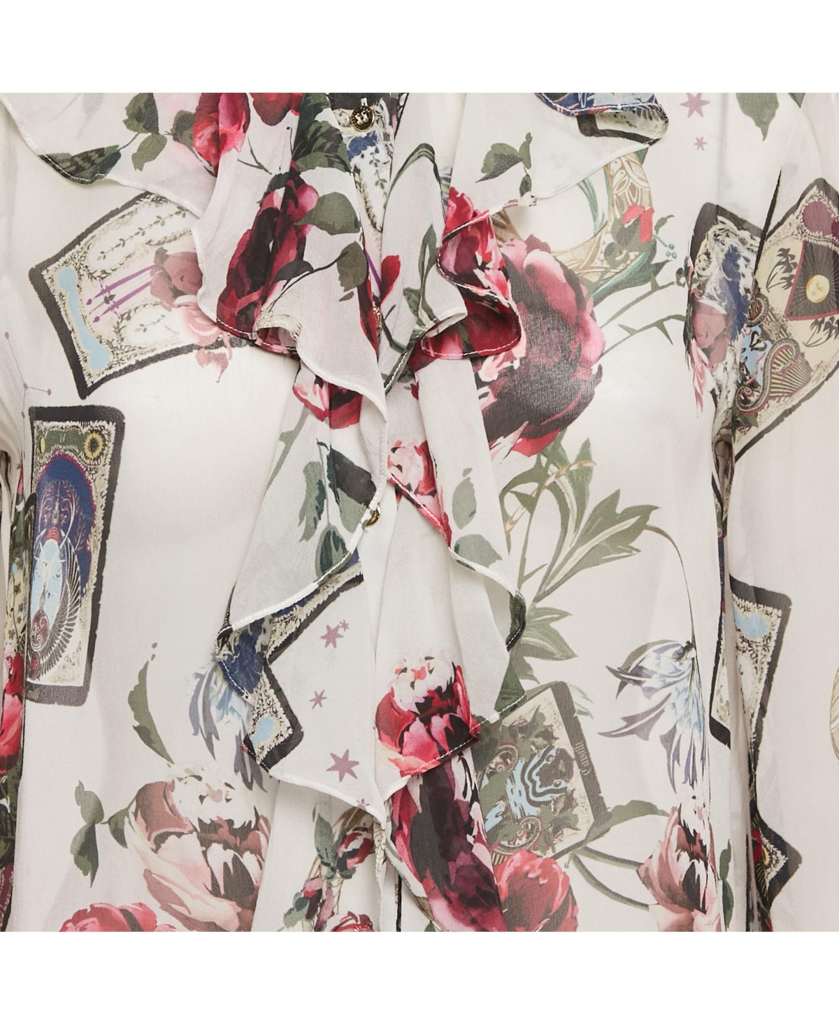 Pre-Owned Roberto Cavalli Women's White Printed Silk Chiffon Ruffled Sheer Top