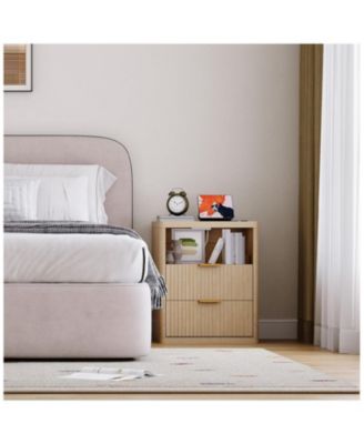 Fluted Nightstand Set of 2, Bedside Table Built-in Charging Station, Featuring 2 Drawer & Open Storage Space, Mid Century Modern Night Stand