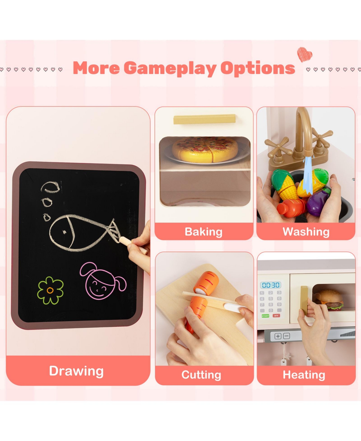 Hongge Corner Kitchen Playset for Kids with Lights, Sounds, and Storage - Pink