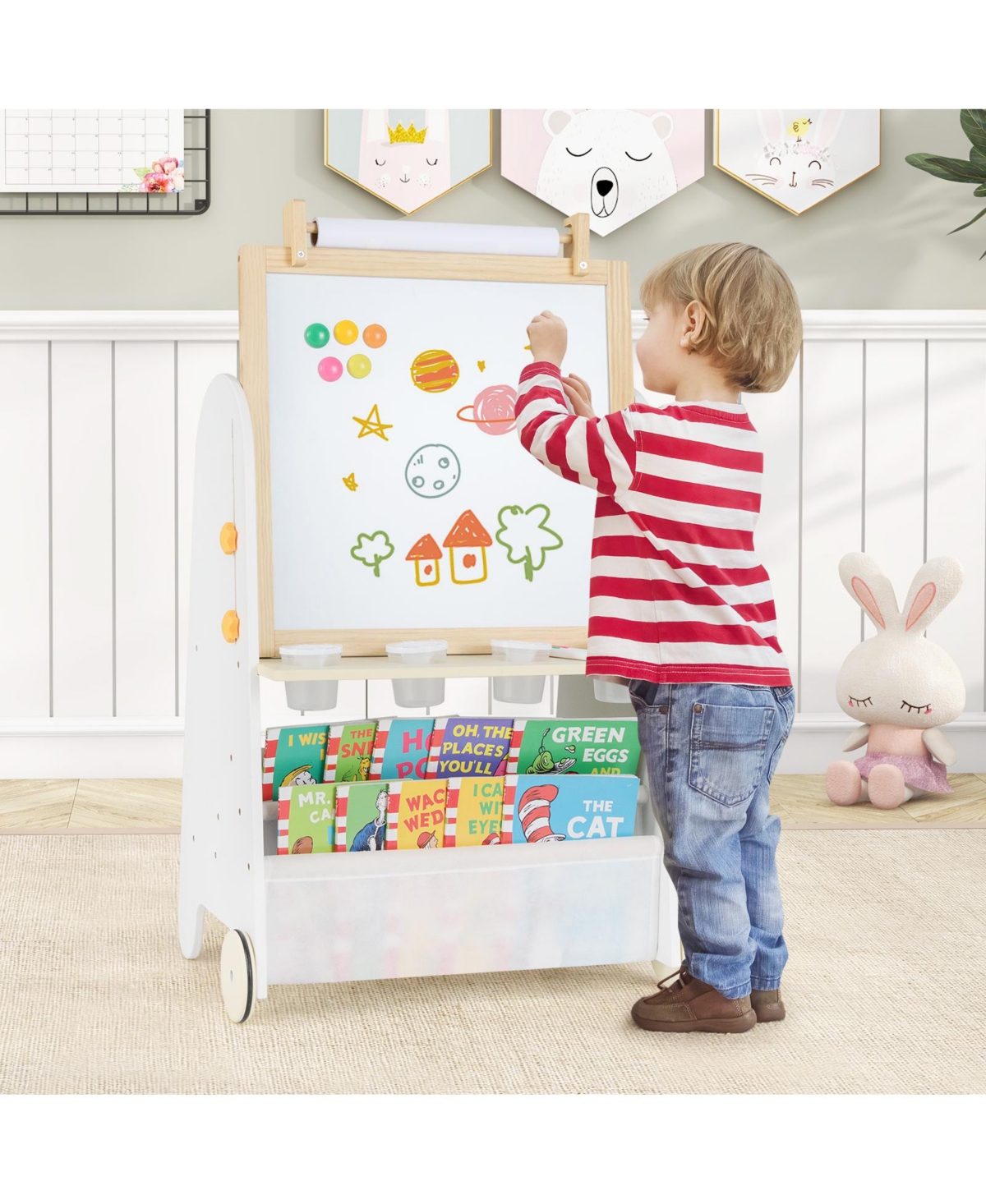 Hongge 4 In 1 Kids Art Easel With Adjustable Height Whiteboard Blackboard And Study Table