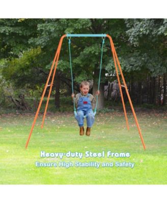 Outdoor Kids Swing Set with Heavy-Duty Metal A-Frame and Ground Stakes-Orange