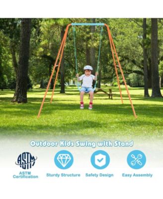 Outdoor Kids Swing Set with Heavy-Duty Metal A-Frame and Ground Stakes-Orange