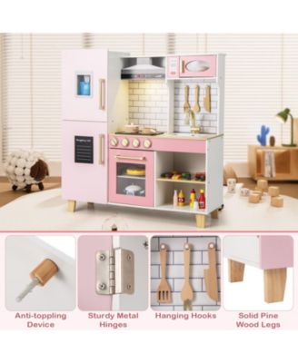 Wooden Pretend Play Kitchen With Ice Maker Range Hood And Blackboard.