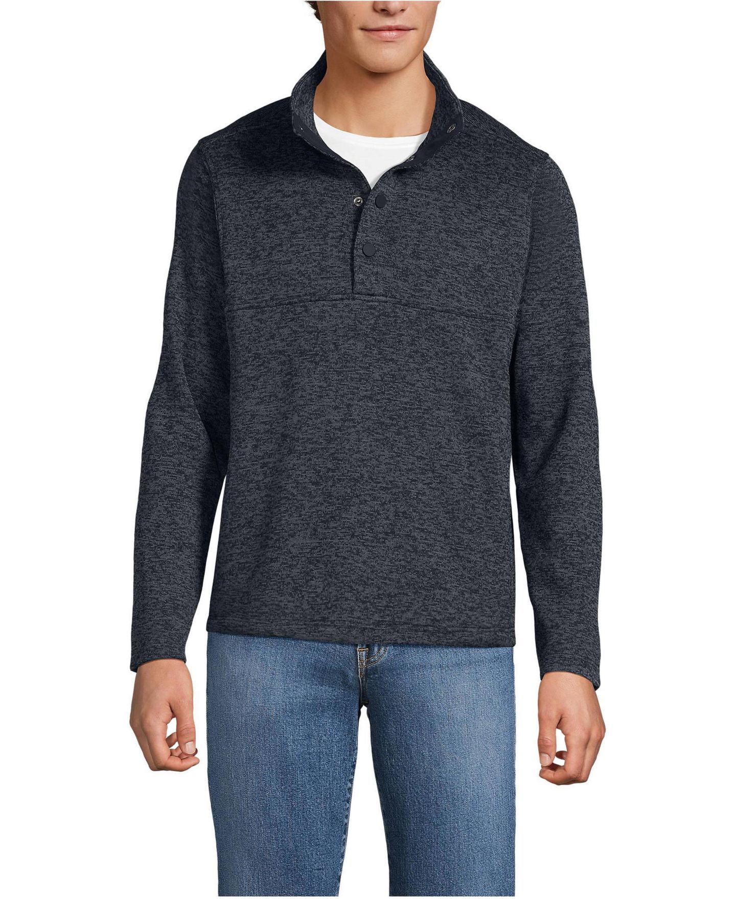 Мужская куртка Lands' End Sweater Fleece Snap Neck Pullover, цвет: Чёрный меланжевый — фото 1