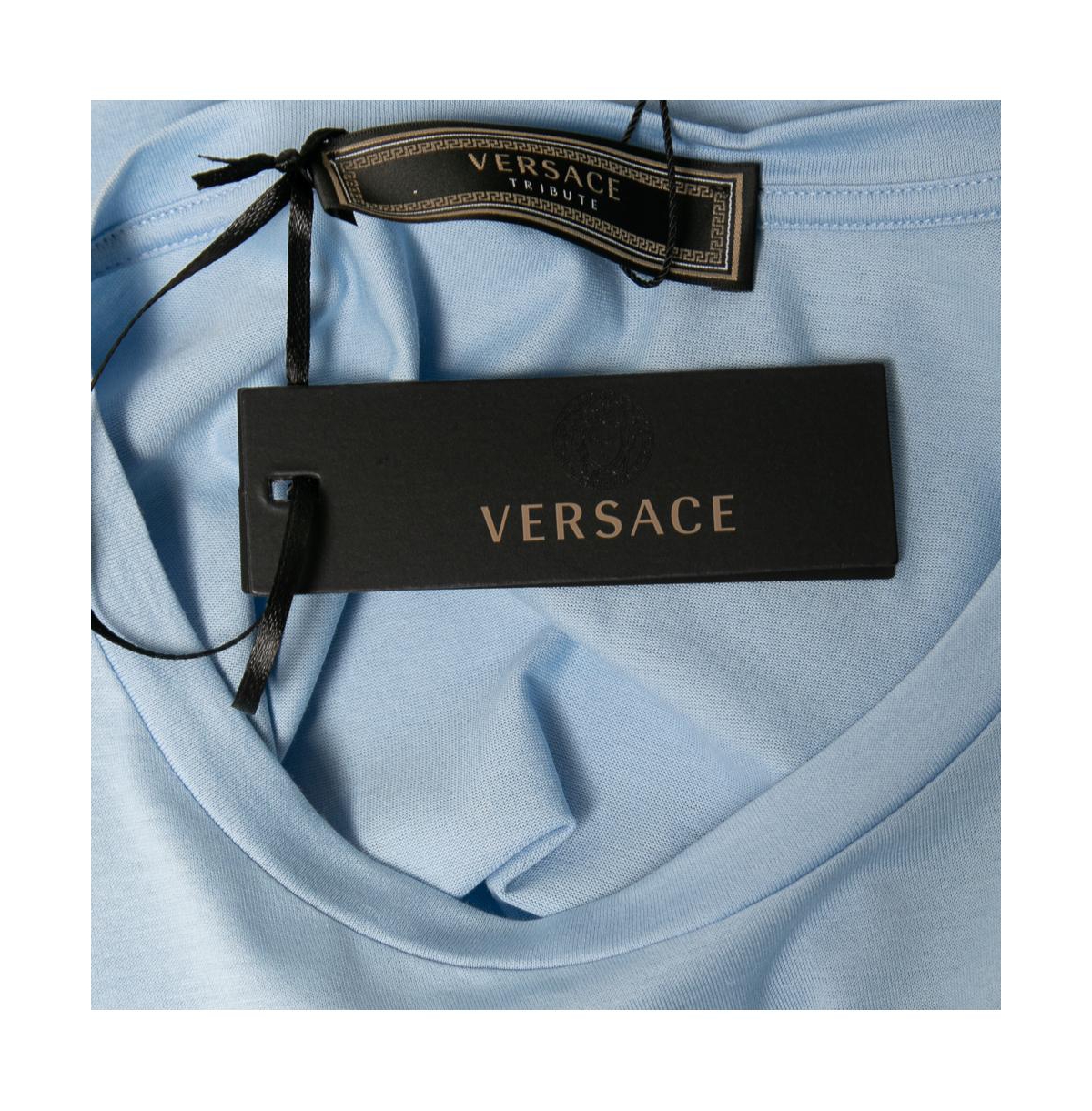 Pre-Owned Versace Women's Light Blue Cotton Logo Embroidered Tribute T-Shirt