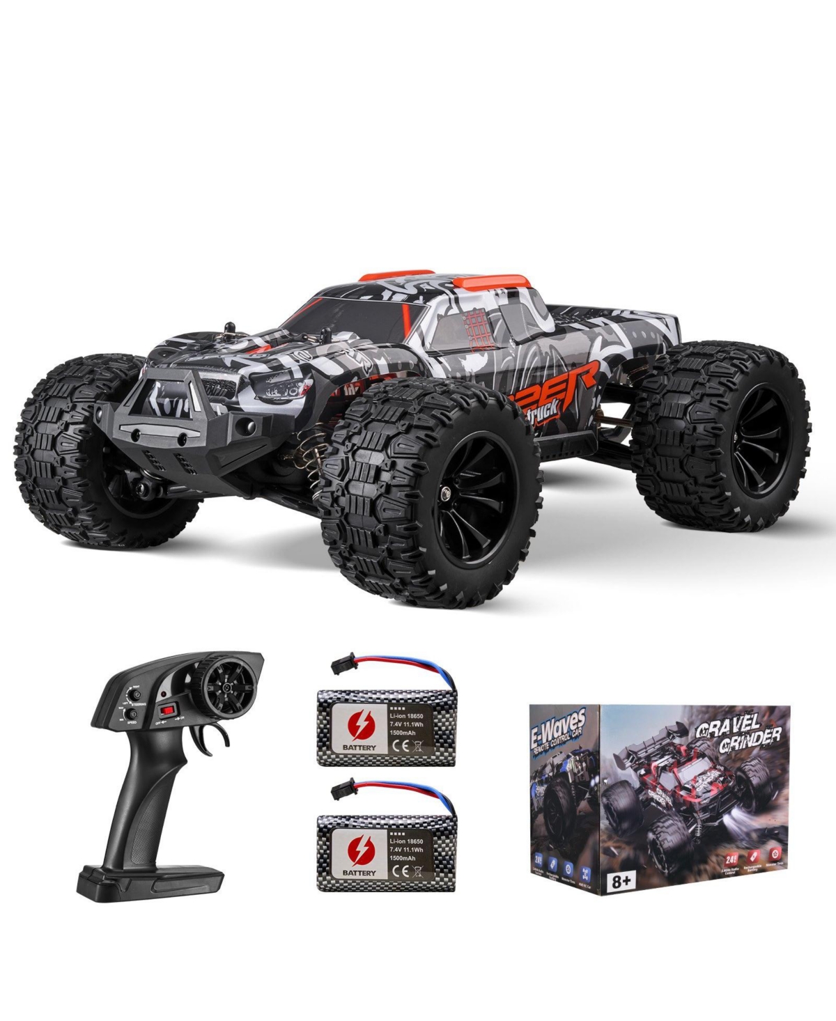Mecale Remote Control Car, 1:14 4WD Off-Road Monster Truck 38 km/h, Wheelie Stunt Rc Car with 2 Batteries, Racing Gift for Kids 8 - Black