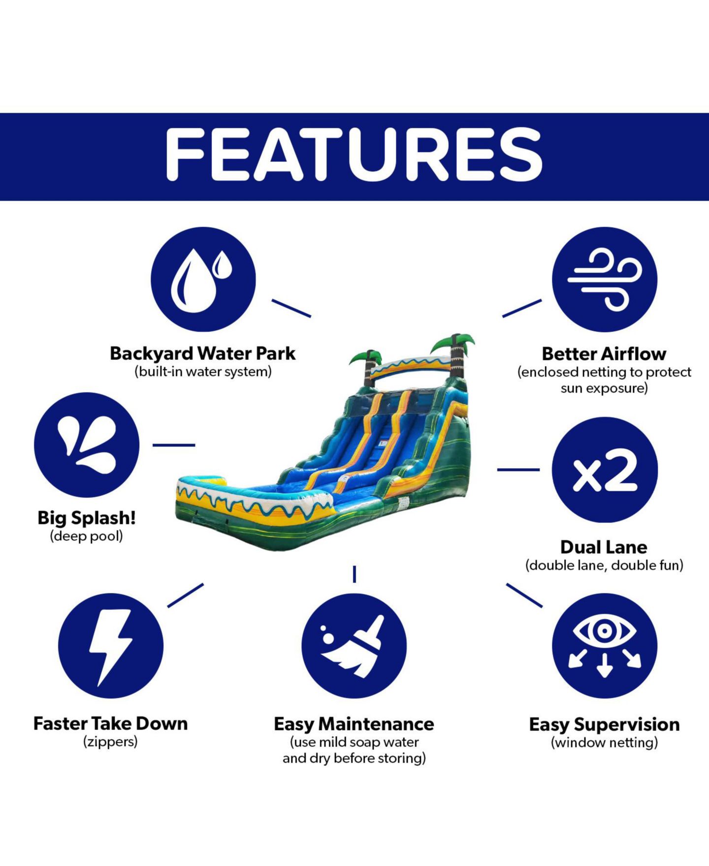 Детская игрушка HeroKiddo Tropical Breeze 15' Dual-Lane Vinyl Water Slide with Pool, For 2 Players, Ages 3+ — фото 8