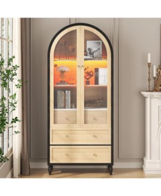70" Arched Pantry Cabinet with LED Lights, 3 Drawers, Adjustable Shelf & Glass Doors, Black & Oak