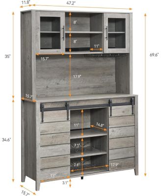 70" Farmhouse Bar Cabinet with Sliding Barn Door, Storage Shelves, Wine and Glass Rack, Sideboard for Kitchen and Dining Room, Gray
