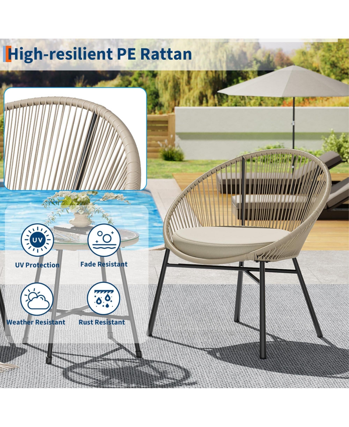 Gaomon 3 Pieces Patio Bistro Set Outdoor Acapulco Chair with Glass Top Coffee Table, Wicker Furniture Sets