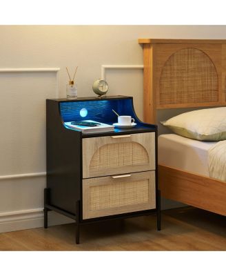 Rattan Nightstand with Charging Station and LED Lights, Storage End Table, for Living Room, Bedroom, Dorm