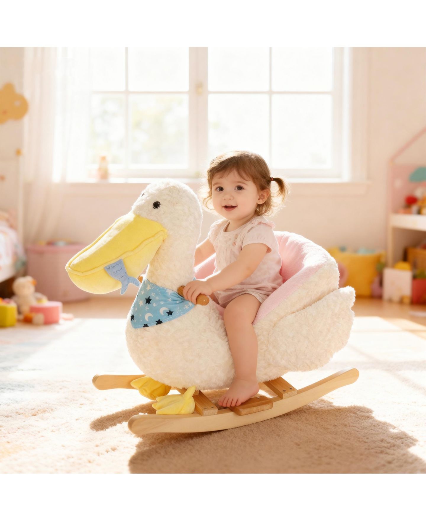 Детская игрушка Qaba Pelican Plush Rocking Horse with Duck Sounds, Holds up to 55 lbs., Ages 12+ Months, цвет: Белый — фото 2