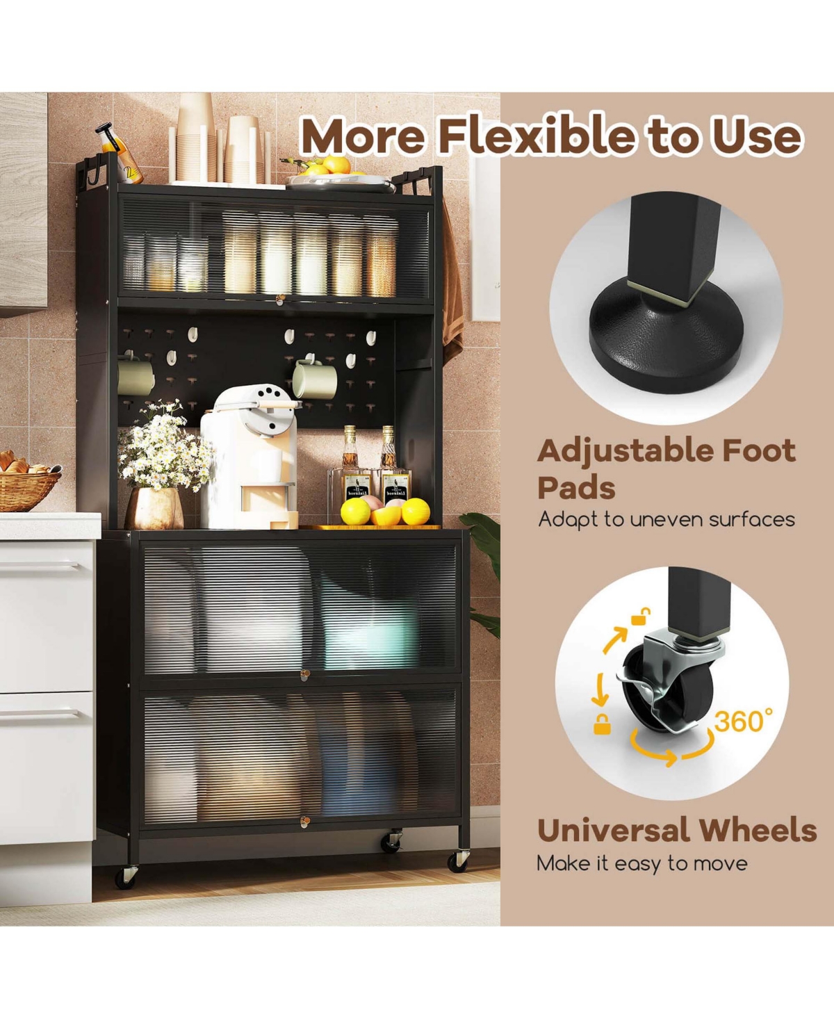 Costway 5 Tier Kitchen Bakers Rack Flip Door Cabinets Pegboard & Hooks