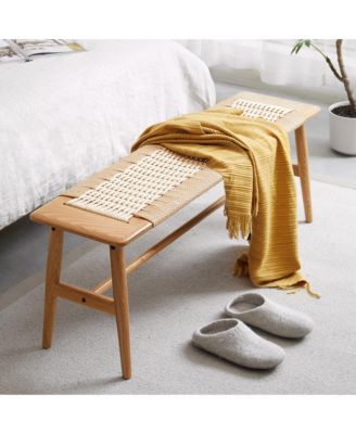Casainc Natural Oak Wood Bench with Woven Design