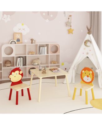 3-Piece Kids Table and Chair Set with Lion and Monkey Theme in Natural