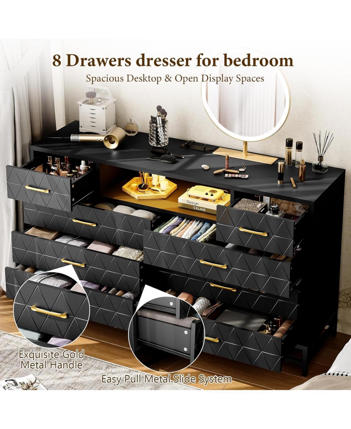 Gaomon 8 Drawer Wood Dresser for Bedroom, Wooden Dresser with Led Light