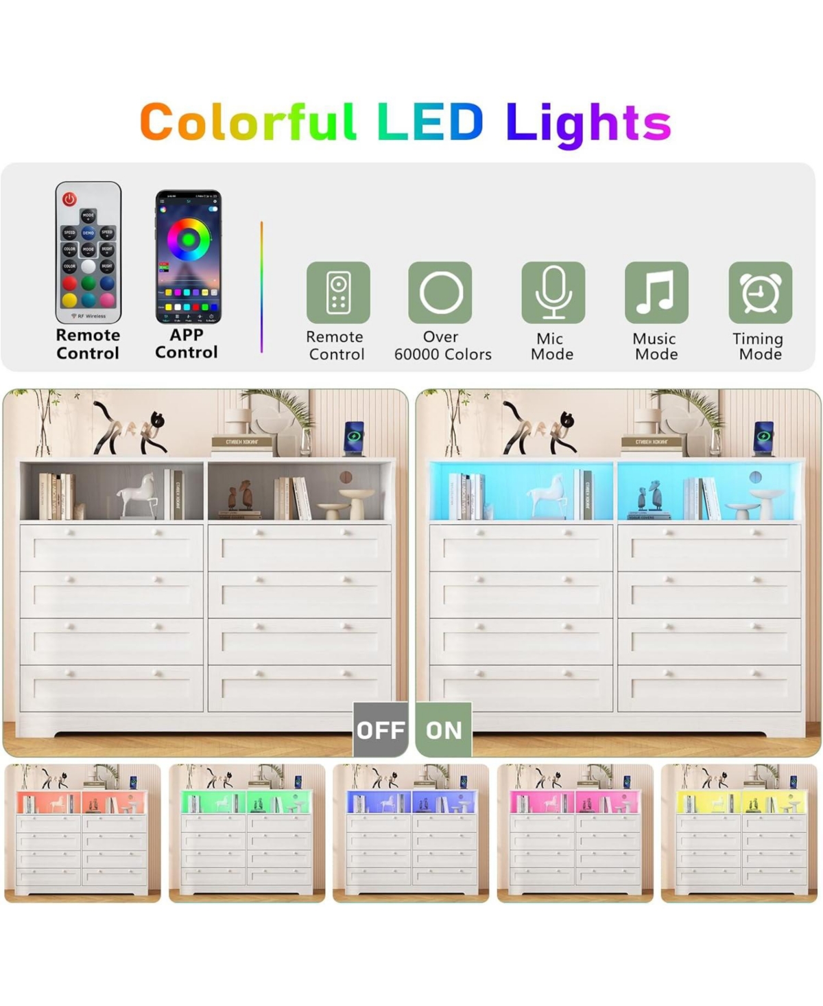 Gaomon 8 Drawers Wooden Dressers with Led Lights and Power Outlet for Bedroom