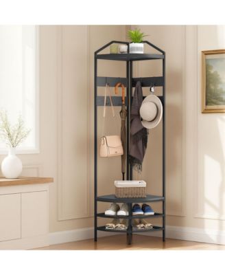 Corner Hall Tree, Coat Rack with Shoe Storage, Hooks, Shelves