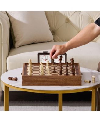 Solid Wood 15-Inch 2-in-1 Chess and Checkers Set with Storage Drawer, Weighted Pieces and Extra Queens for Adults and Kids