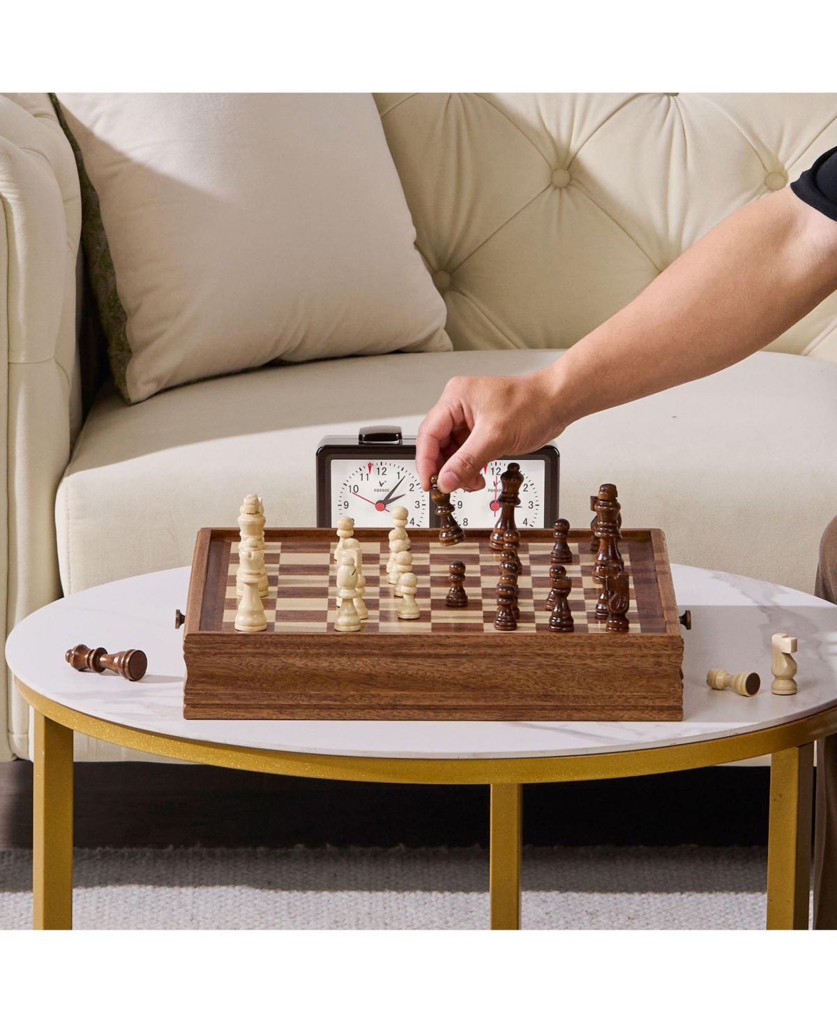 Mecale Solid Wood 15-Inch 2-in-1 Chess and Checkers Set with Storage Drawer, Weighted Pieces and Extra Queens for Adults and Kids