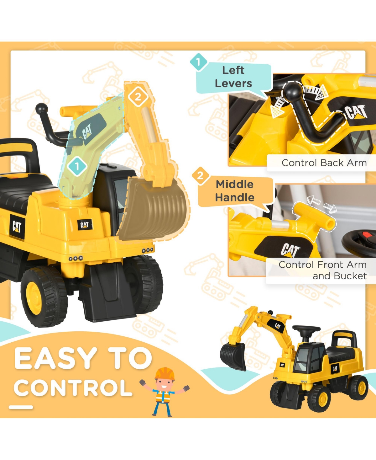 Aosom Cat Licensed Excavator Ride-on Toy for Kids w/ Manual Shovel,