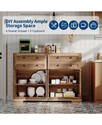 Modern Farmhouse Buffet Cabinet with Storage, Wood Large Sideboard Storage Cabinet with 4 Doors & 4 Drawers Coffee Bar.