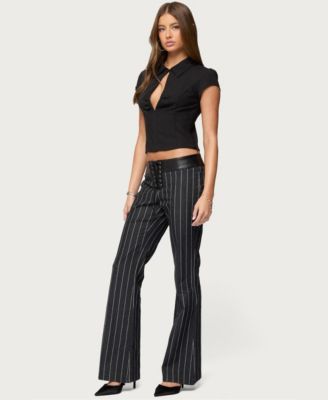 Women's Pinstripe & Faux Leather Low Rise Flared Jeans