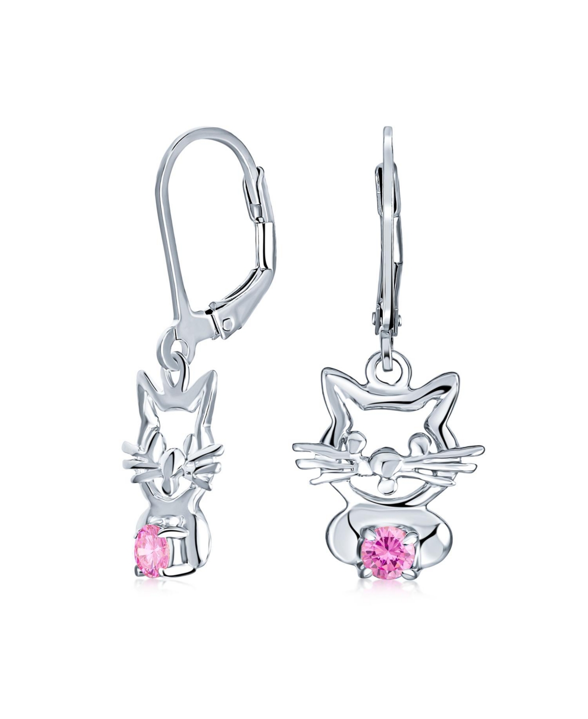Bling Jewelry Set of 2 Petite Animal Pet Kitty Kitten Cat Pink Cz Dangle & Crystal Stud Earrings Sterling Silver