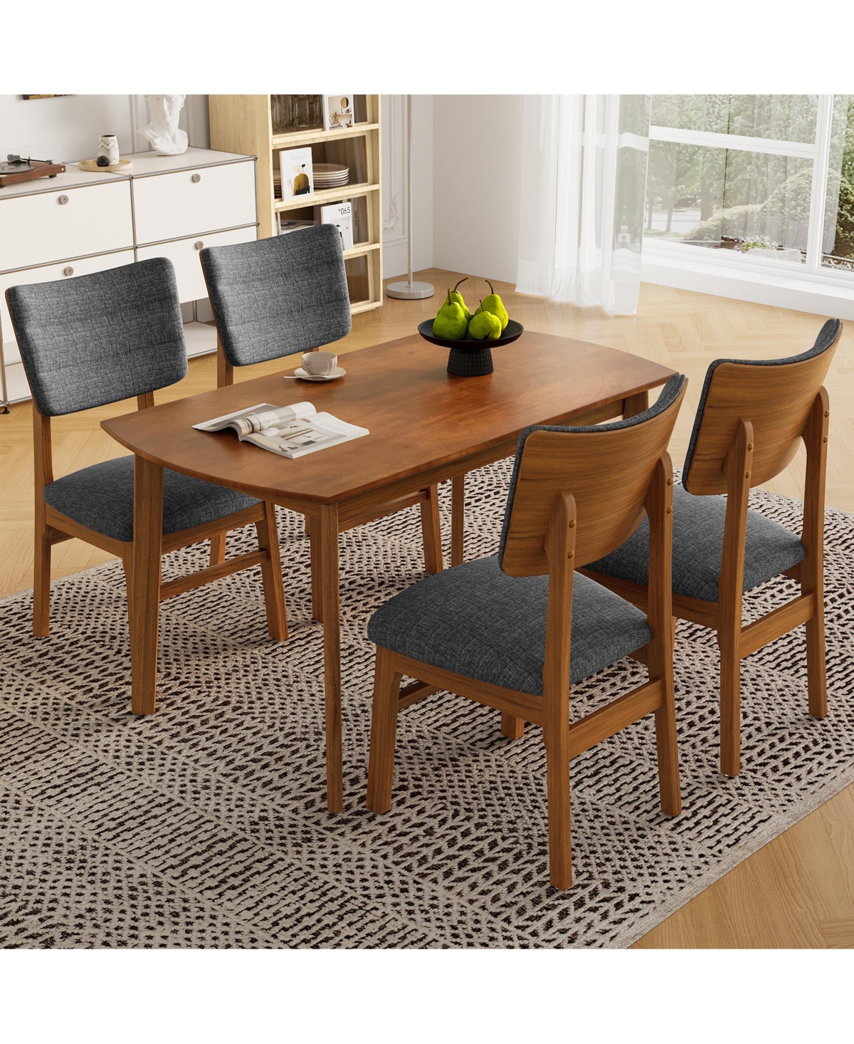 sumyeg Farmhouse Dining Set for 4 with Wood Table and Upholstered Chairs