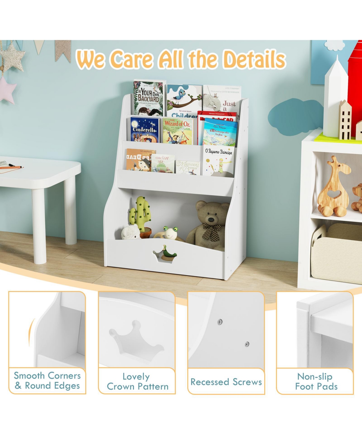 Gymax Kids Bookshelf 4-Tier Wooden Bookcase Toy Storage Organizer Montessori Bookshelf