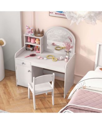 Kid Vanity Table Chair Set 2-Color LED Lights Large Drawer Shelf Cabinet
