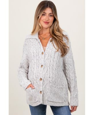 Maternity Cable Knit Collared Button-Up Cardigan Sweater