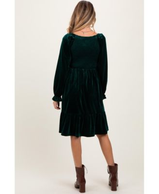 Maternity Forest Green Velvet Smocked Long Sleeve Dress