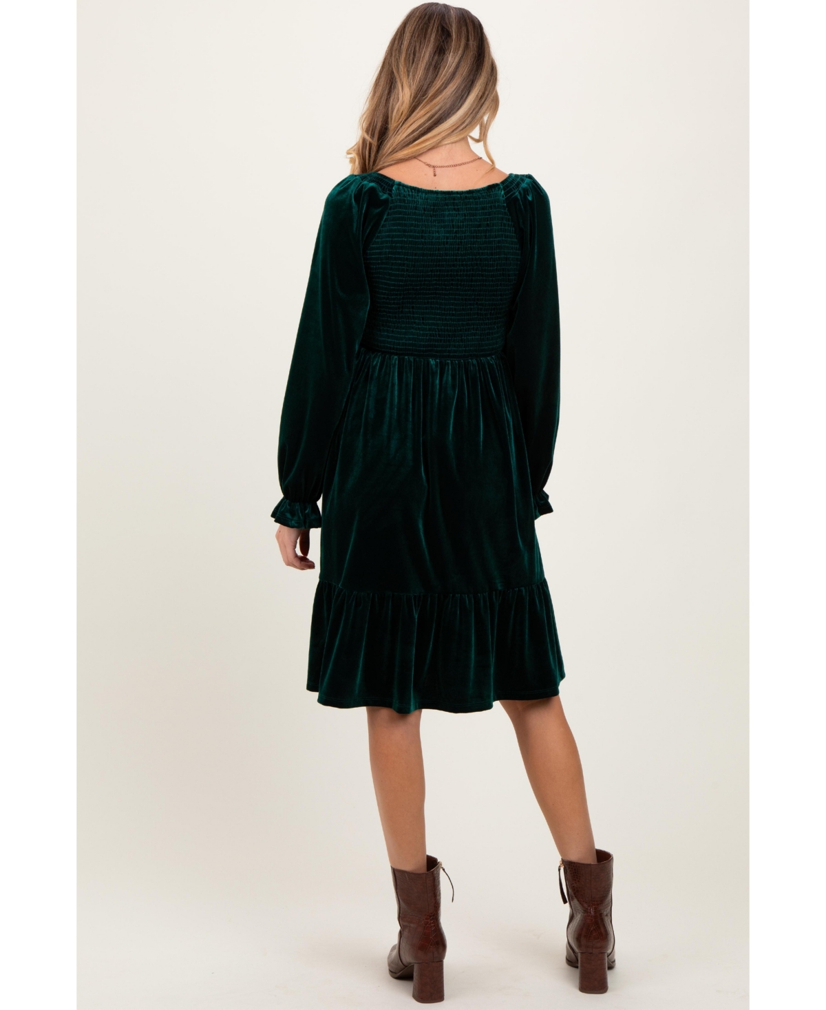 Pinkblush Maternity Forest Green Velvet Smocked Long Sleeve Dress