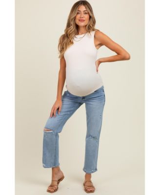 Maternity Light Blue Distressed Open Knee Ankle Straight Leg Jeans