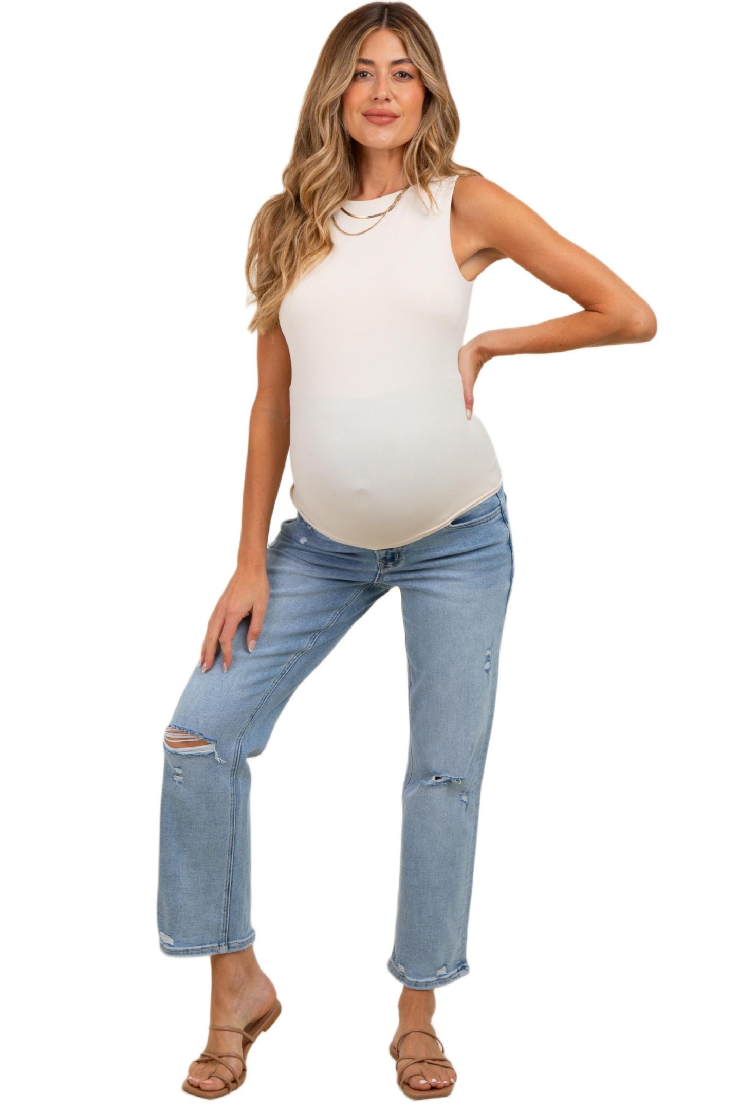 Женские джинсы Pinkblush Light Blue Distressed Open Knee Ankle Straight Leg, цвет: Светлый синий — фото 5
