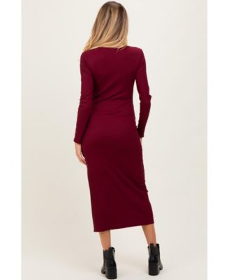Maternity Burgundy Scoop Neck Long Sleeve Midi Dress