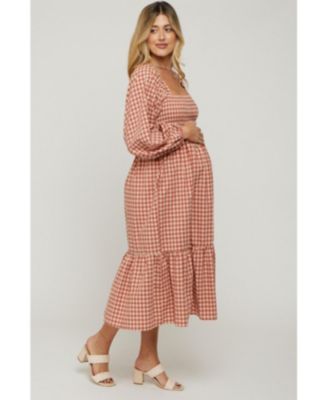 Maternity Rust Gingham Long Sleeve Midi Dress