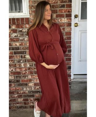 Maternity Blue Gauze Belted Shirt Midi Dress