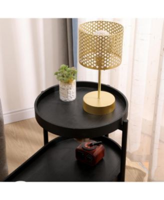 Black 2-Tier Side Table with Metal Frame and Wooden Storage